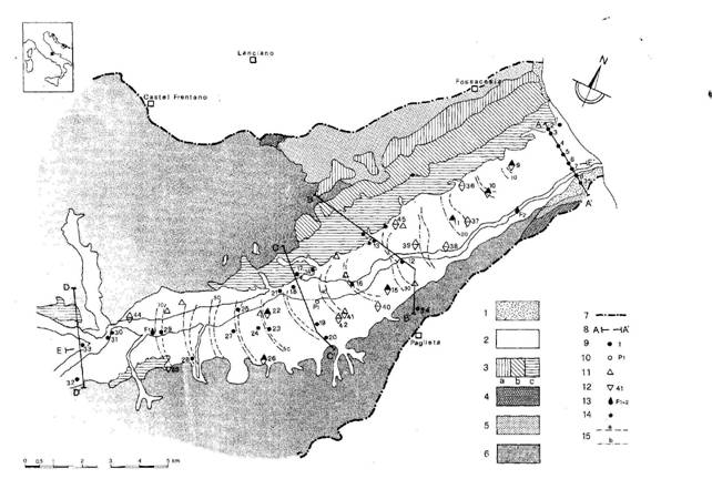 Figura 3 Carta idrogeologica del bacino del Fiume Sangro. 1) Detriti di falda e/o accumulo di frana; 2) ghiaie, sabbie e limi dell’attuale fondovalle; 3) conglomerati a matrice sabbioso limosa; 4) conglomerati poligenici in matrice sabbioso limosa; 5) sabbie gialle stratificate; 6)argille grigio-azzurre ed argille siltose; (7 – 15) Caratteristiche idrogeologiche dell’area.